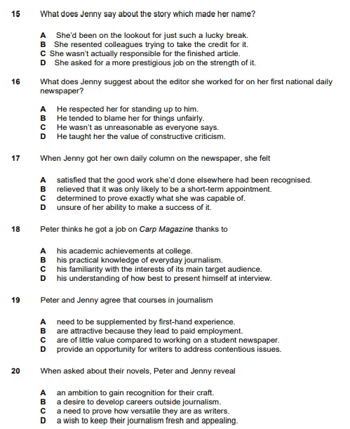 CAE C1 Advanced Sample Question for Part 3 - Conversation with Multiple-Choice Questions