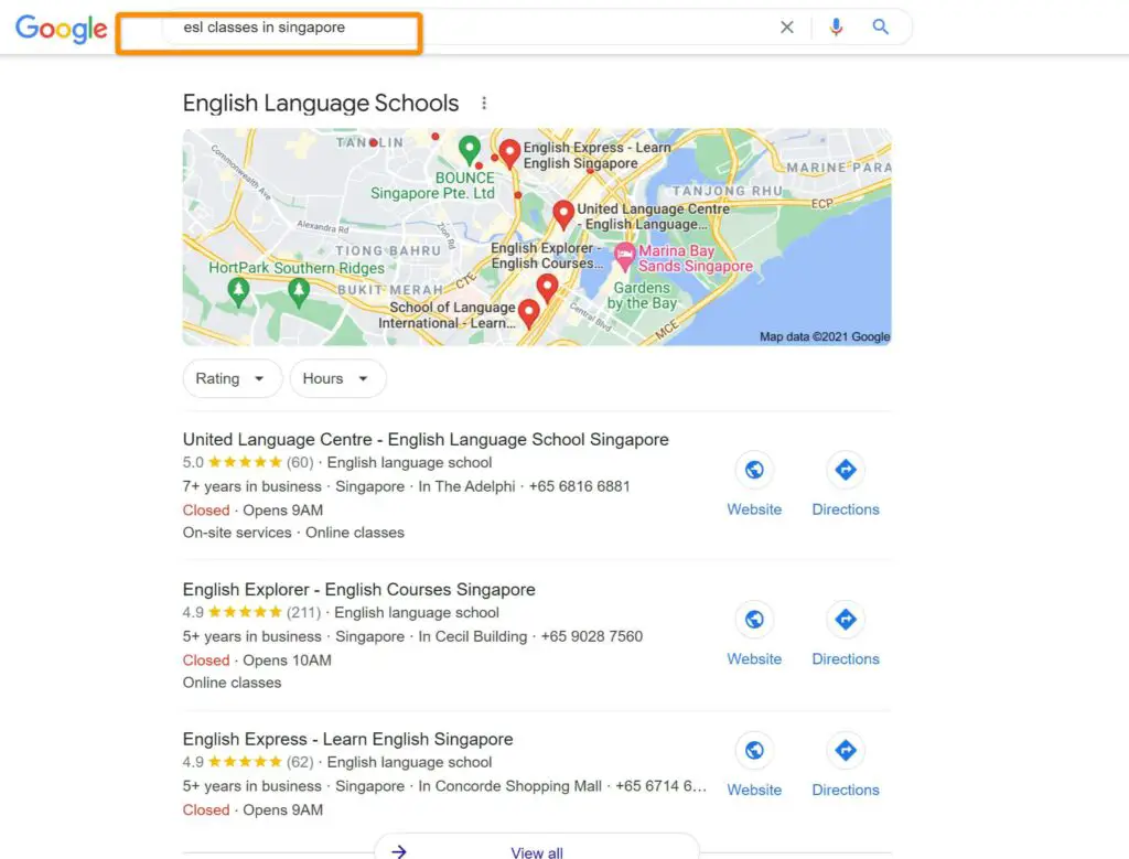 ESL Classes in Singapore Map Listings