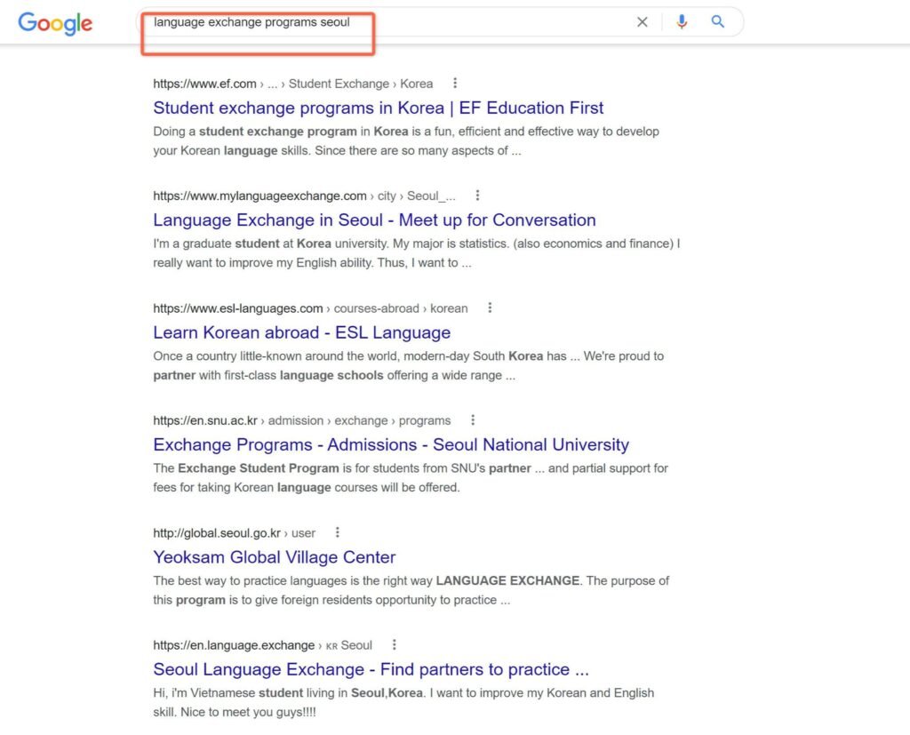 Google Search Language Exchange Programs Seoul