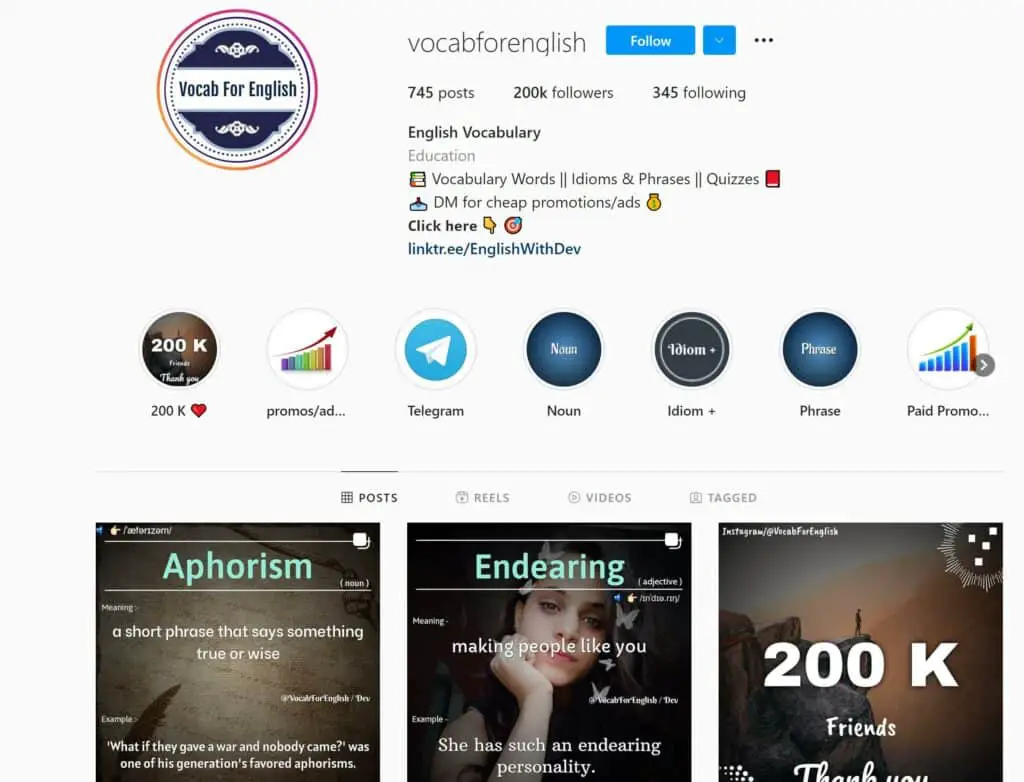 Vocab for English Instagram Account