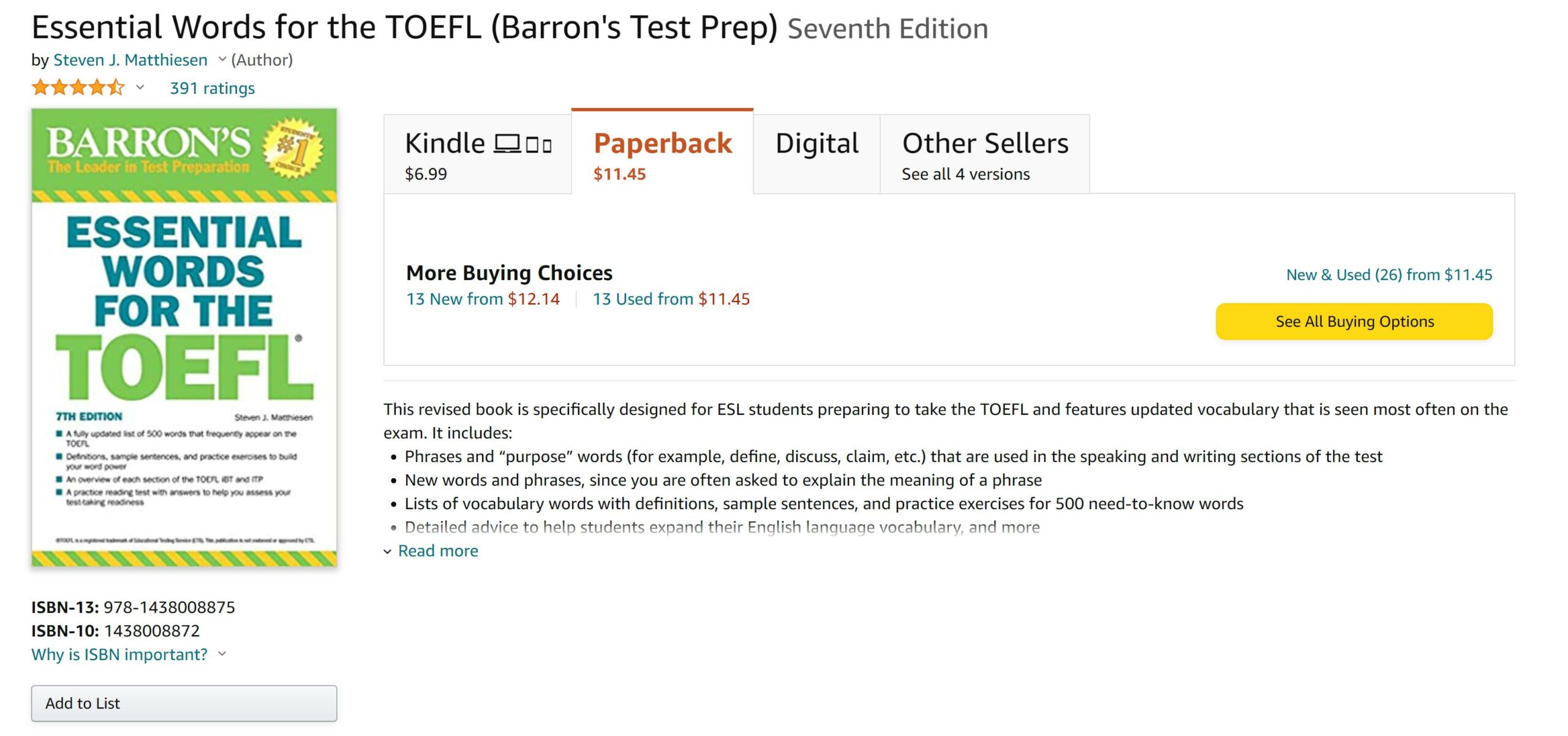 Barron's Essential Words for the TOEFL Book or Guide