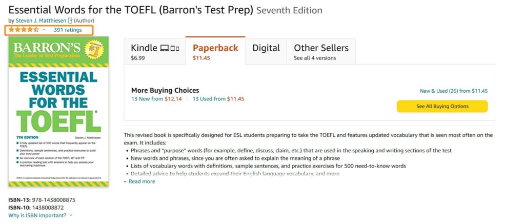 Barron's Essential Words for the TOEFL Review Amazon 1