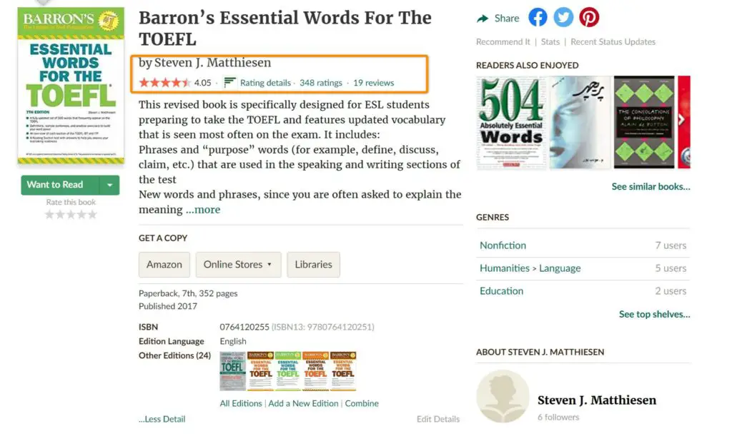 Barron's Essential Words for the TOEFL Review Goodreads