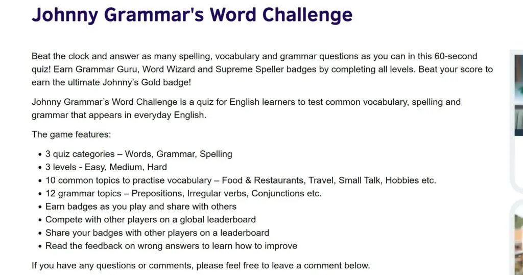 Johnny Grammars Word Challenge