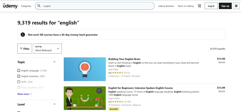 Udemy English Courses Page