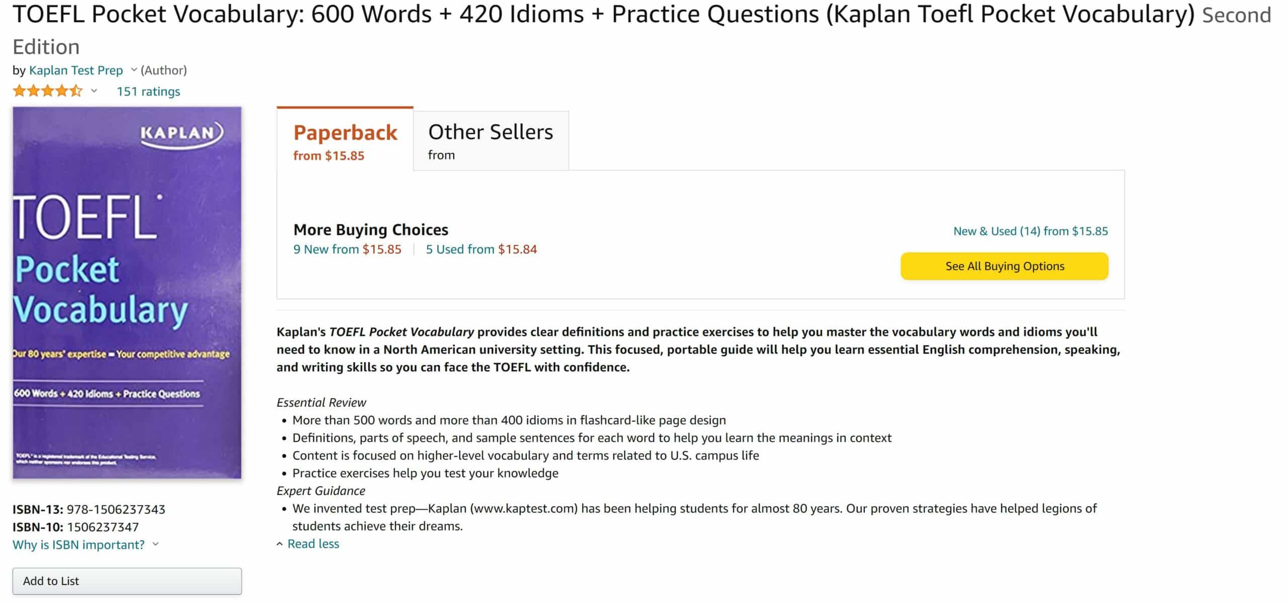 Kaplan TOEFL Pocket Vocabulary Book or Guide
